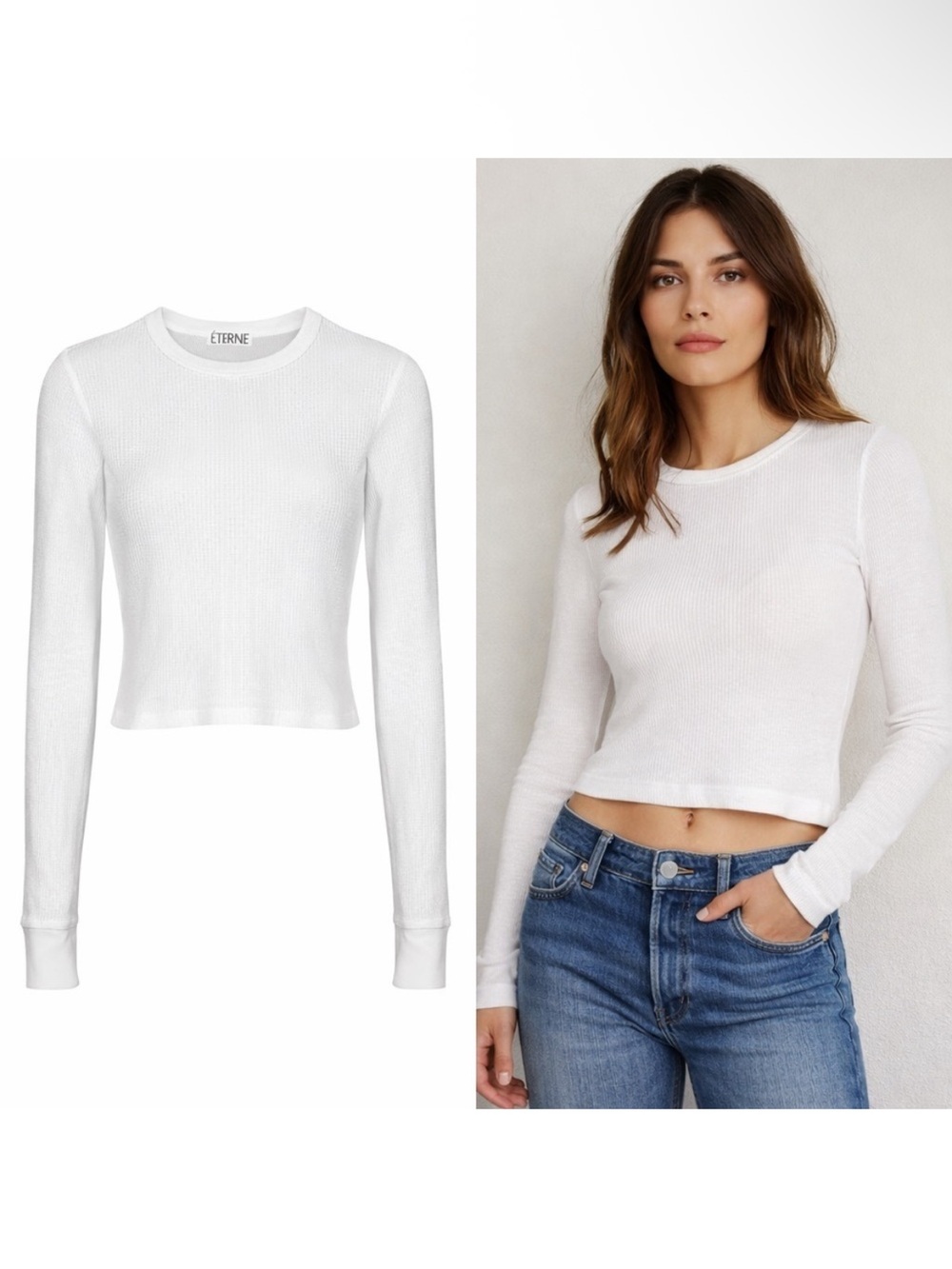 Éterne White Waffle Knit Long Sleeve Top | Cotton Modal | Size XS